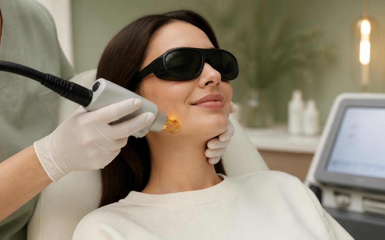 Client receiving a facial laser treatment while wearing protective eyewear