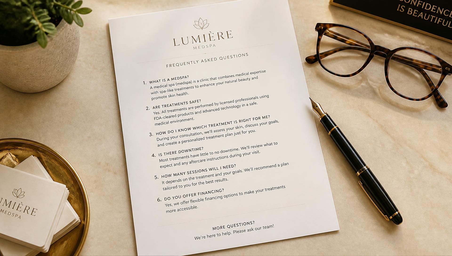 Printed list of frequently asked questions on a reception desk