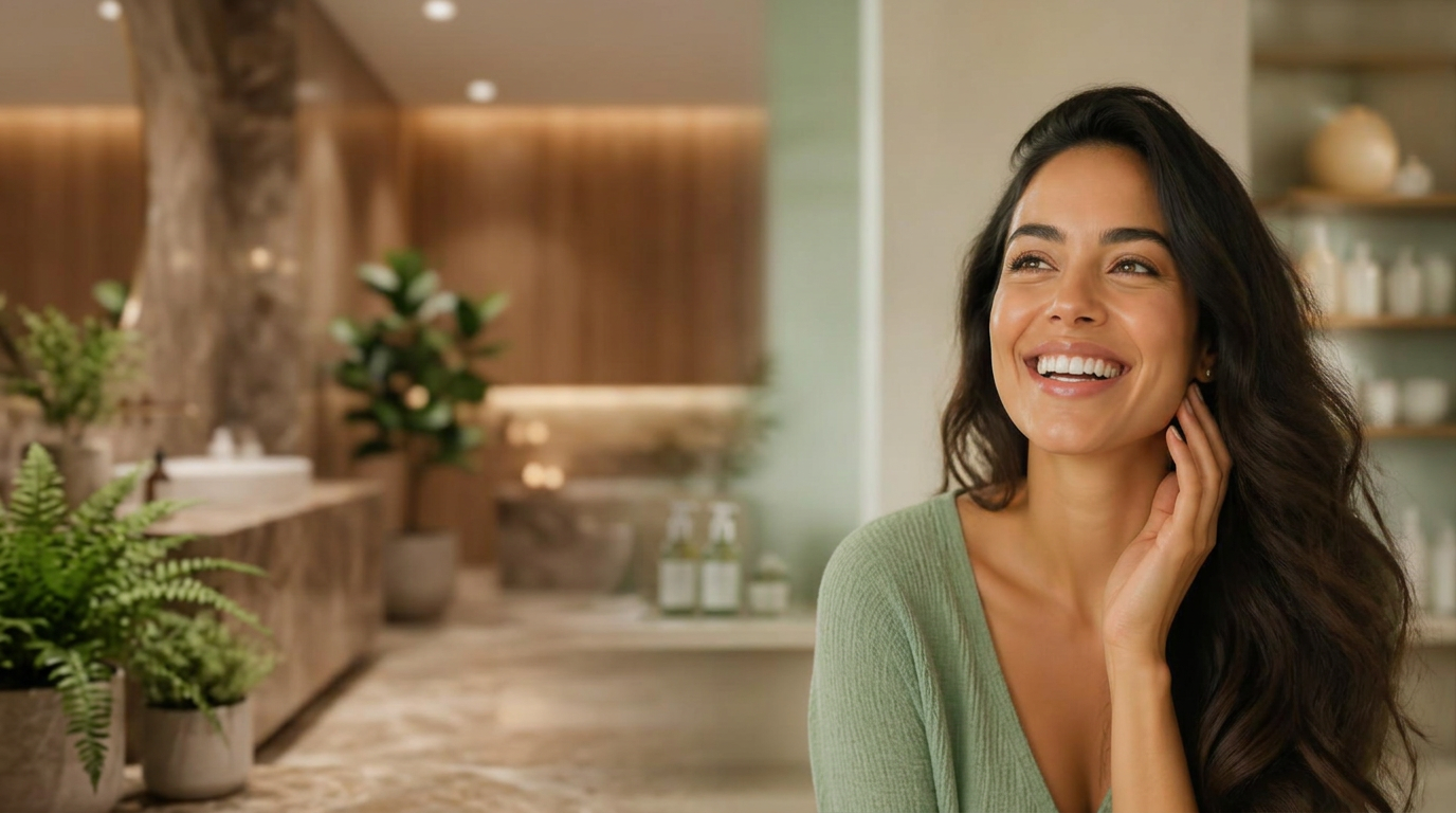 A smiling woman in her late thirties with glowing, healthy skin at Bella Aesthetica