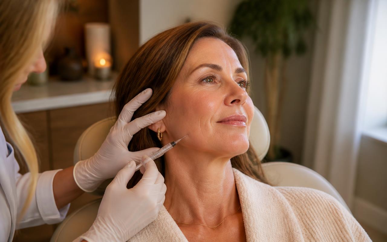 Client receiving a collagen biostimulator injection along the jawline
