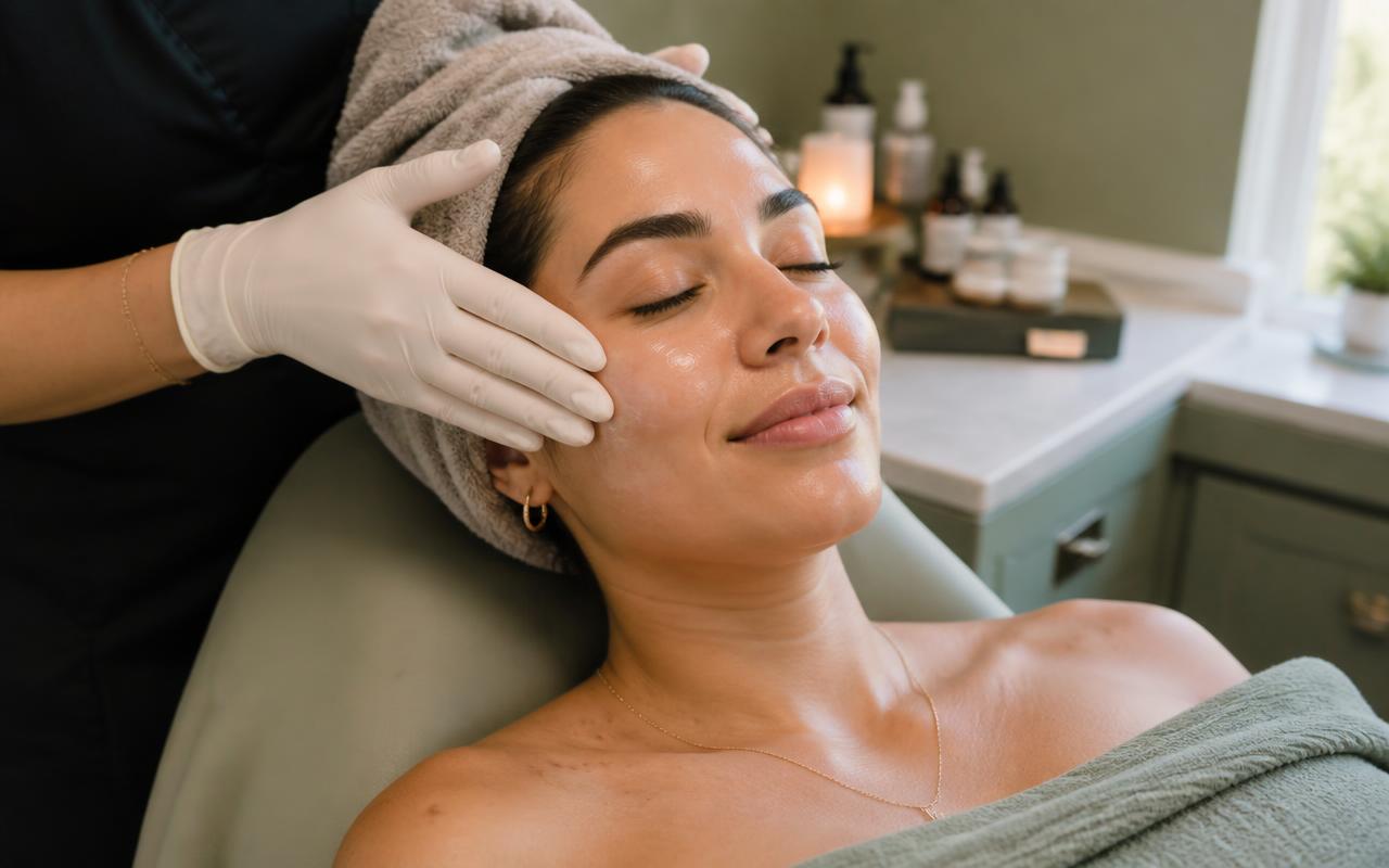 Client relaxing as a treatment mask is brushed on during a medical facial