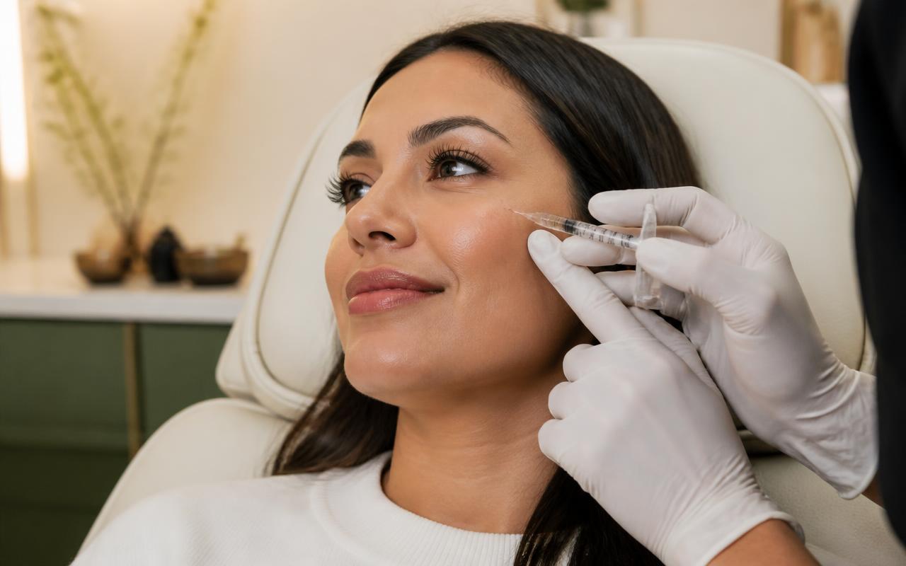 Client receiving dermal filler along the cheekbone