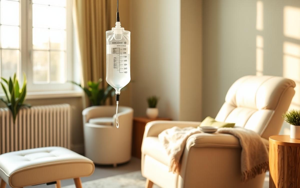 IV drip beside a comfortable recliner in the lounge