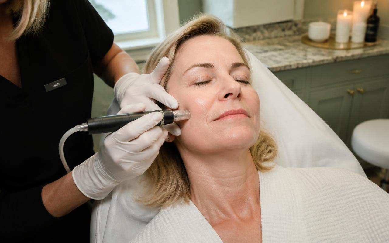 Client resting as a microneedling pen glides across her cheek