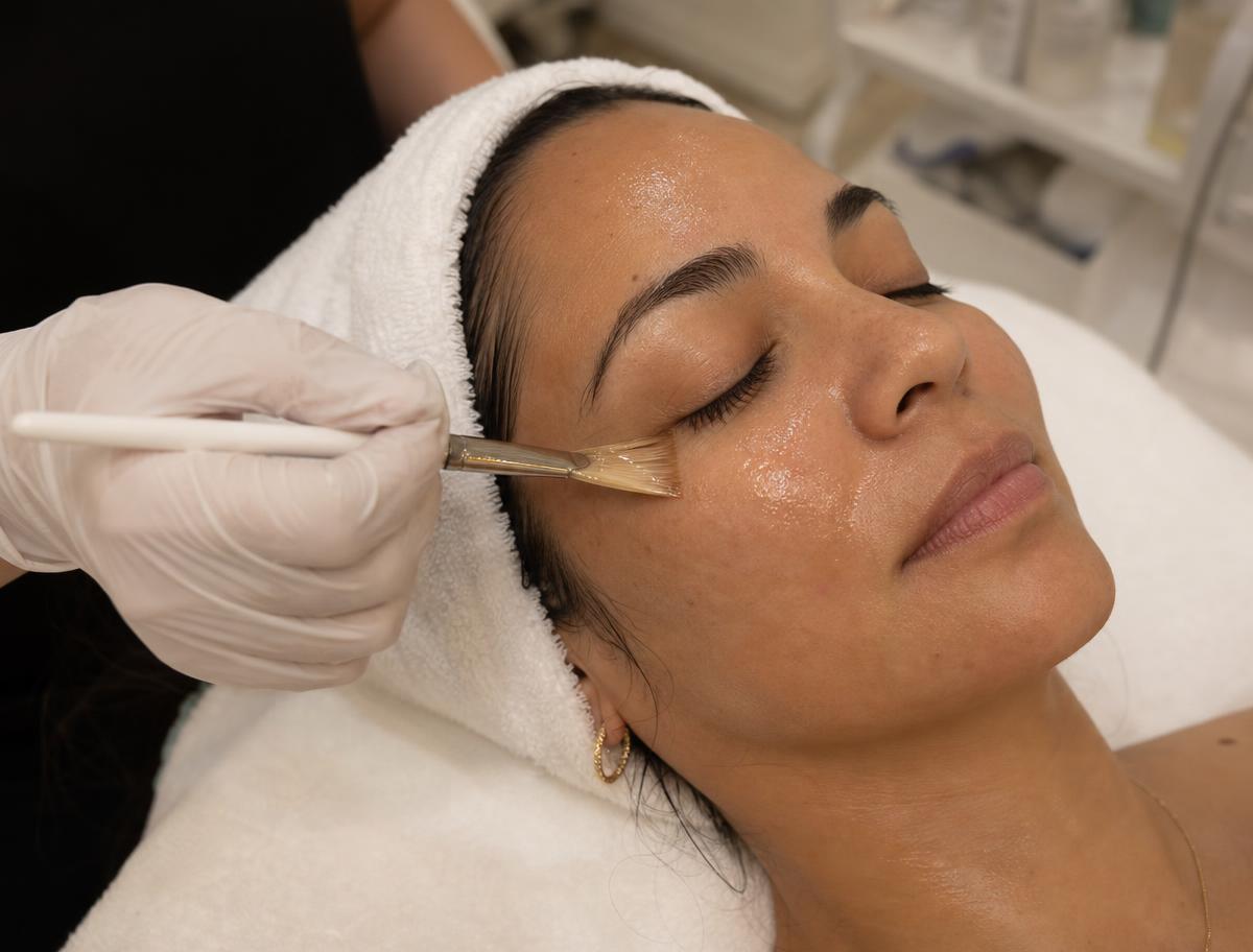 Esthetician brushing a chemical peel solution onto a client's face