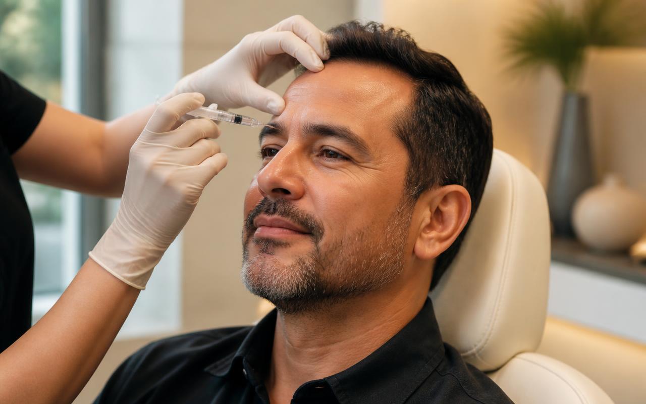 Male client receiving a Xeomin injection at the forehead